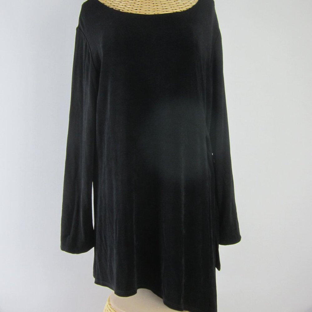 Chicos 2 Travelers Womens L Black Asymmetric LS Knit Shirt Tunic Gold Buckle